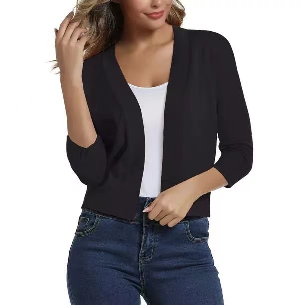 Cardigan showing three-quarter sleeve detail