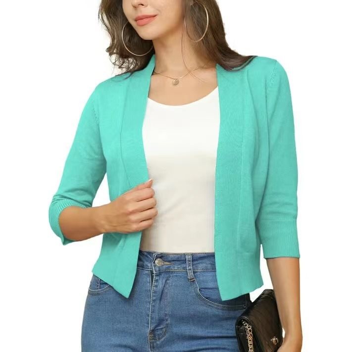 Three-quarter sleeve knit cardigan, back view