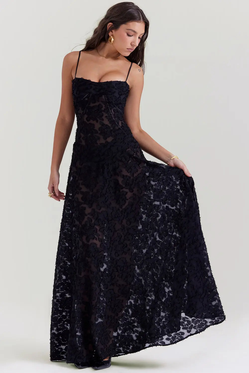 Open-back floral maxi dress back view