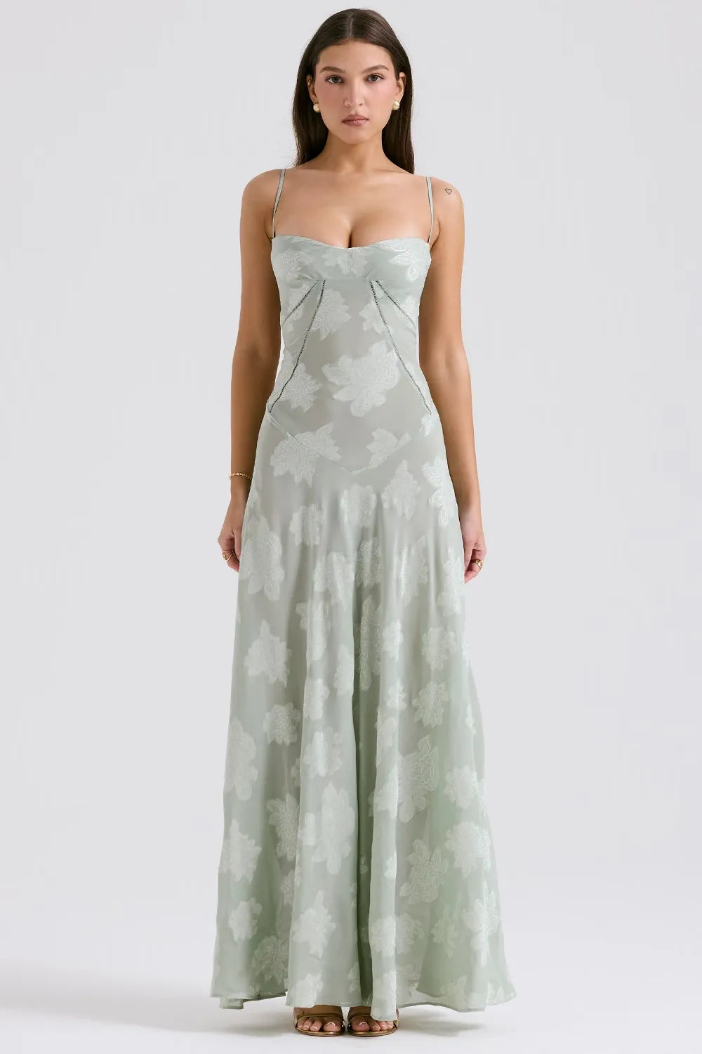 Gray floral open-back maxi dress