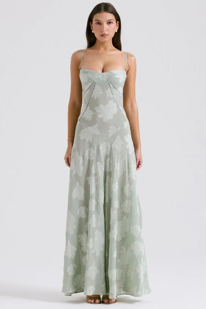 Gray floral open-back maxi dress