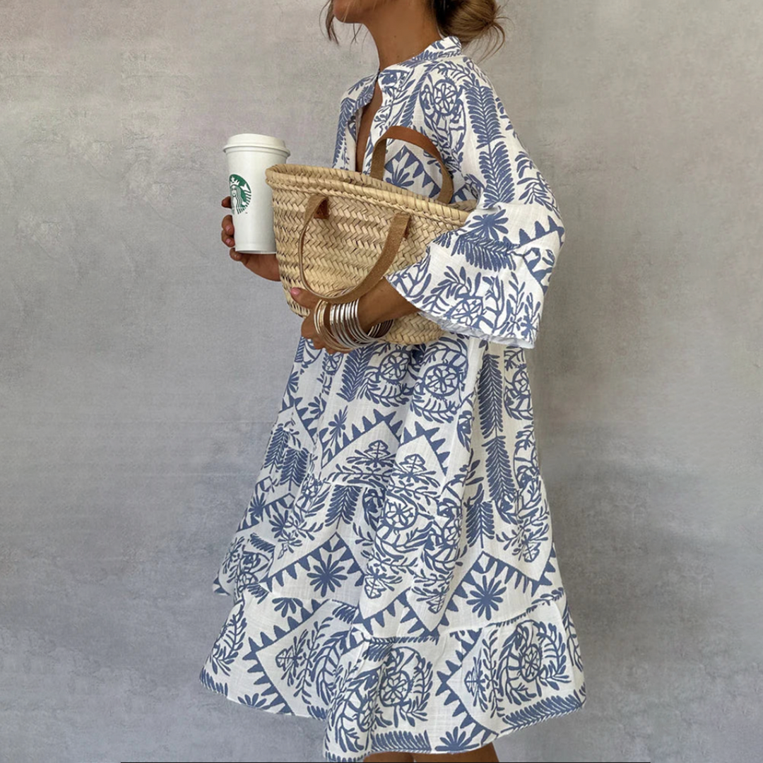 Patterned long sleeve mini dress, front view