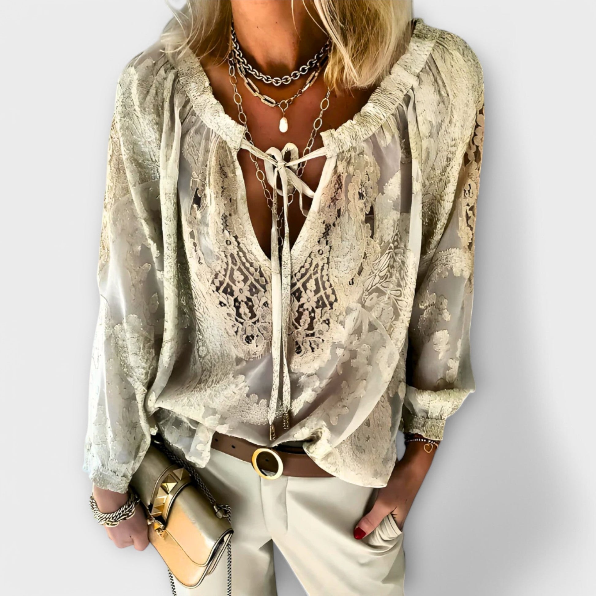 V-neck textured blouse, back view