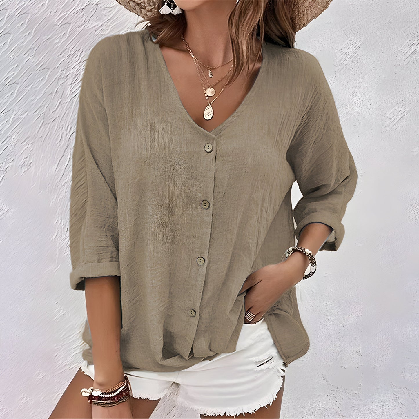 Ashley | Relaxed V-Neck Button Blouse