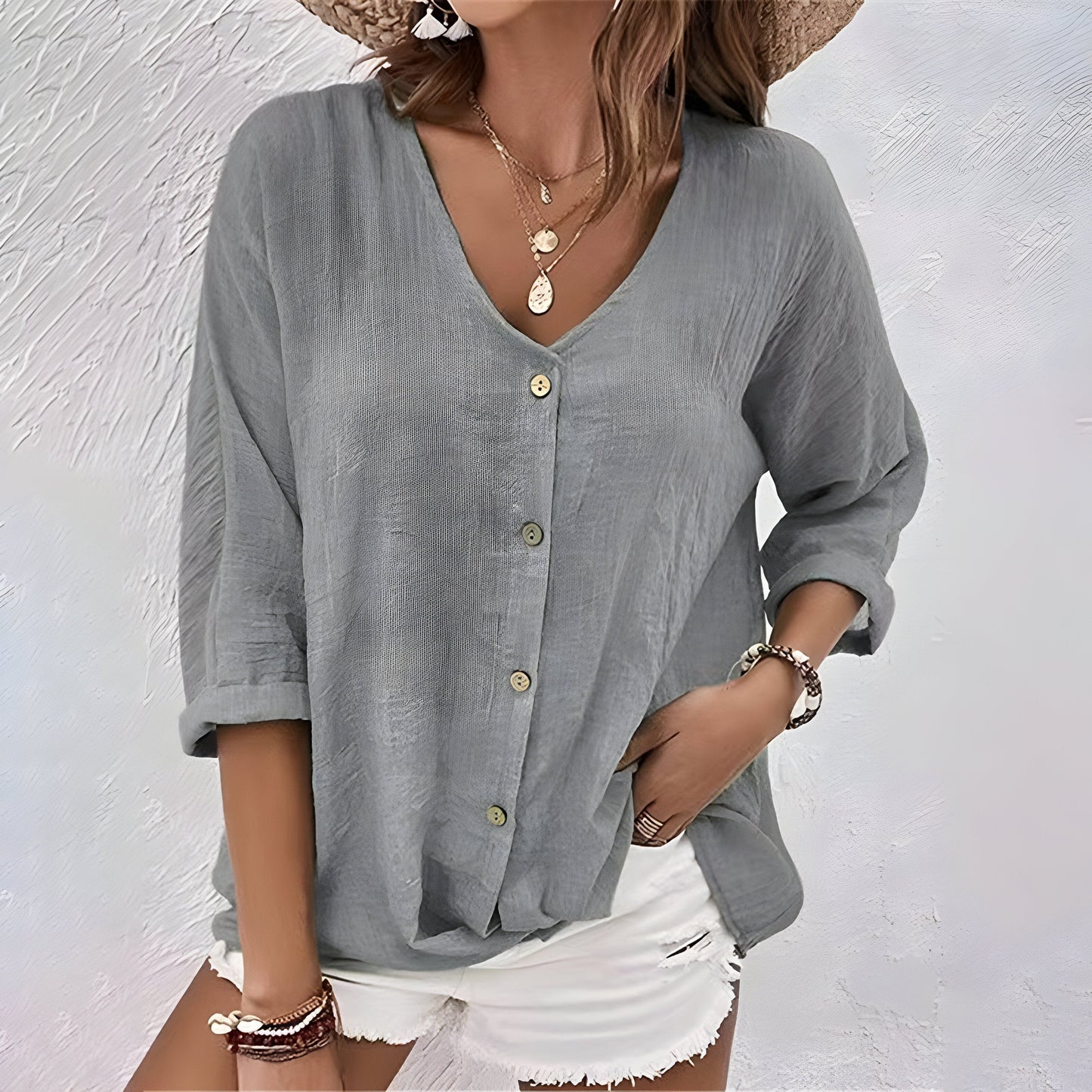 Ashley | Relaxed V-Neck Button Blouse