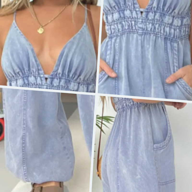 Elvianne | Denim V-Neck Wide Leg Jumpsuit with Pockets