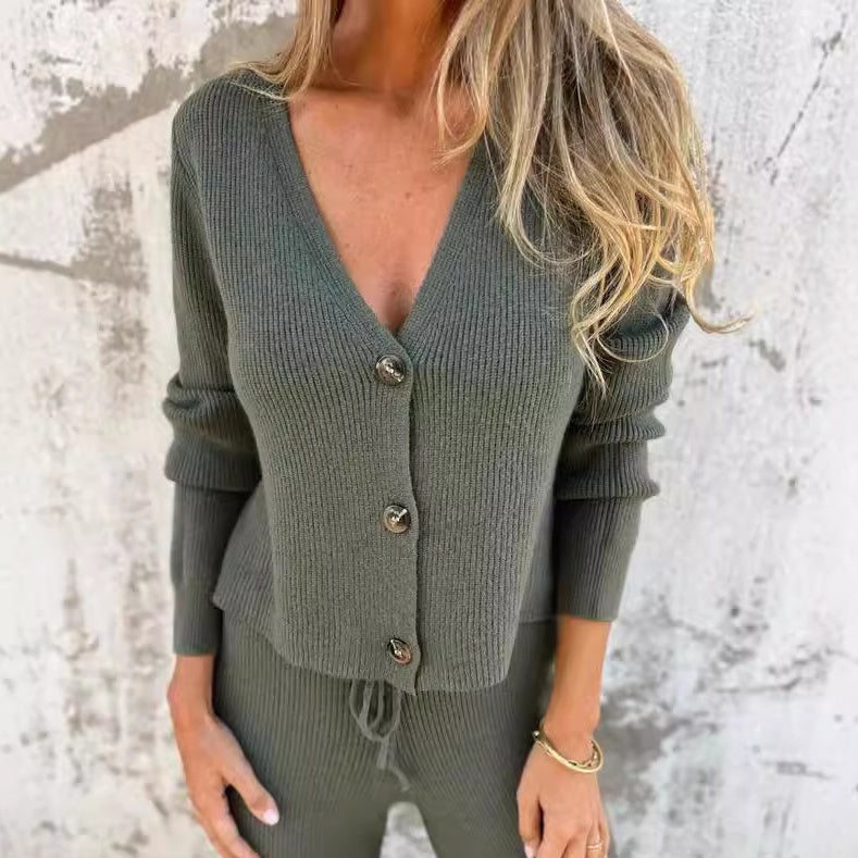 Open-front cardigan set, detail view