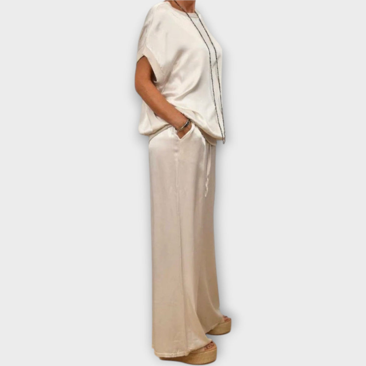 Zinnia draped satin top and pants evening set view 2