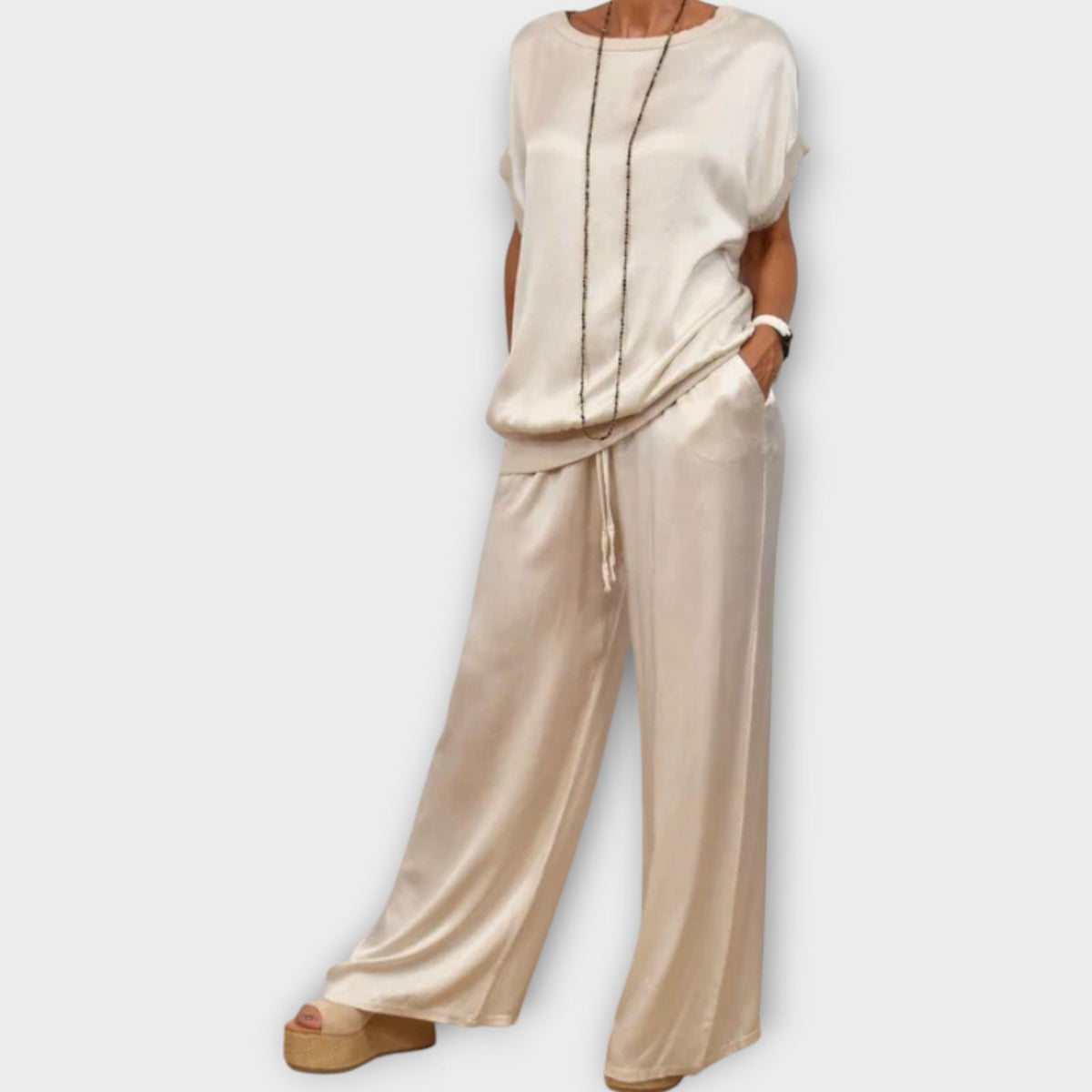 Zinnia draped satin top and pants evening set