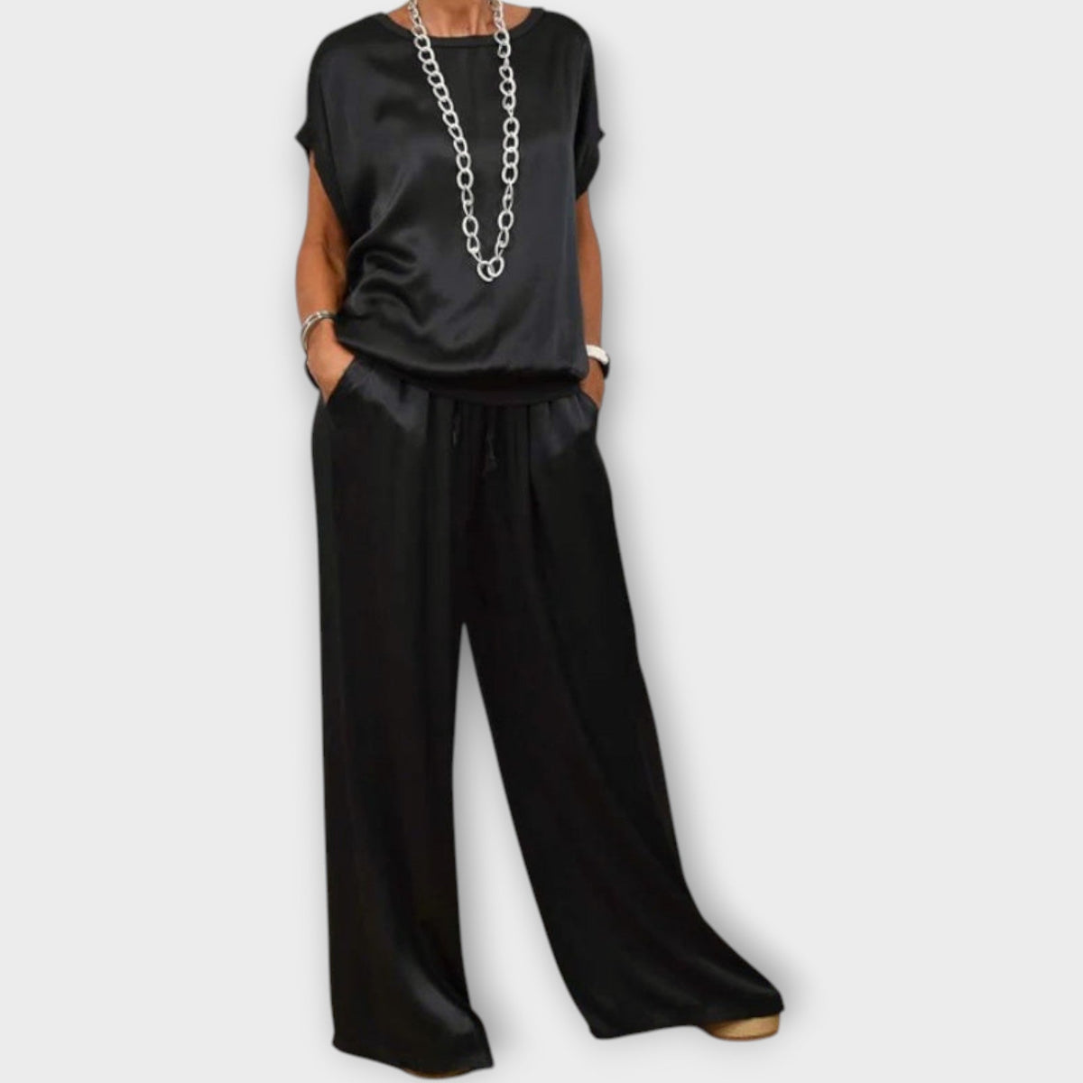 Zinnia draped satin top and pants evening set view 4