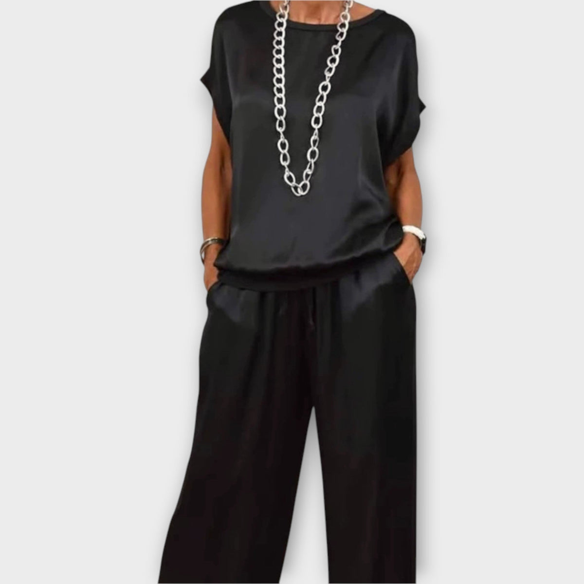 Zinnia draped satin top and pants evening set view 5