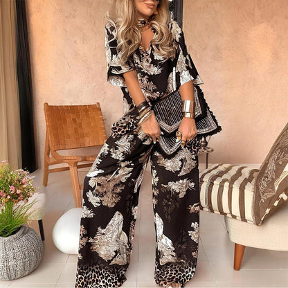 Printed V-neck top and pants set
