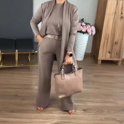 Open-front longline three-piece set, back view