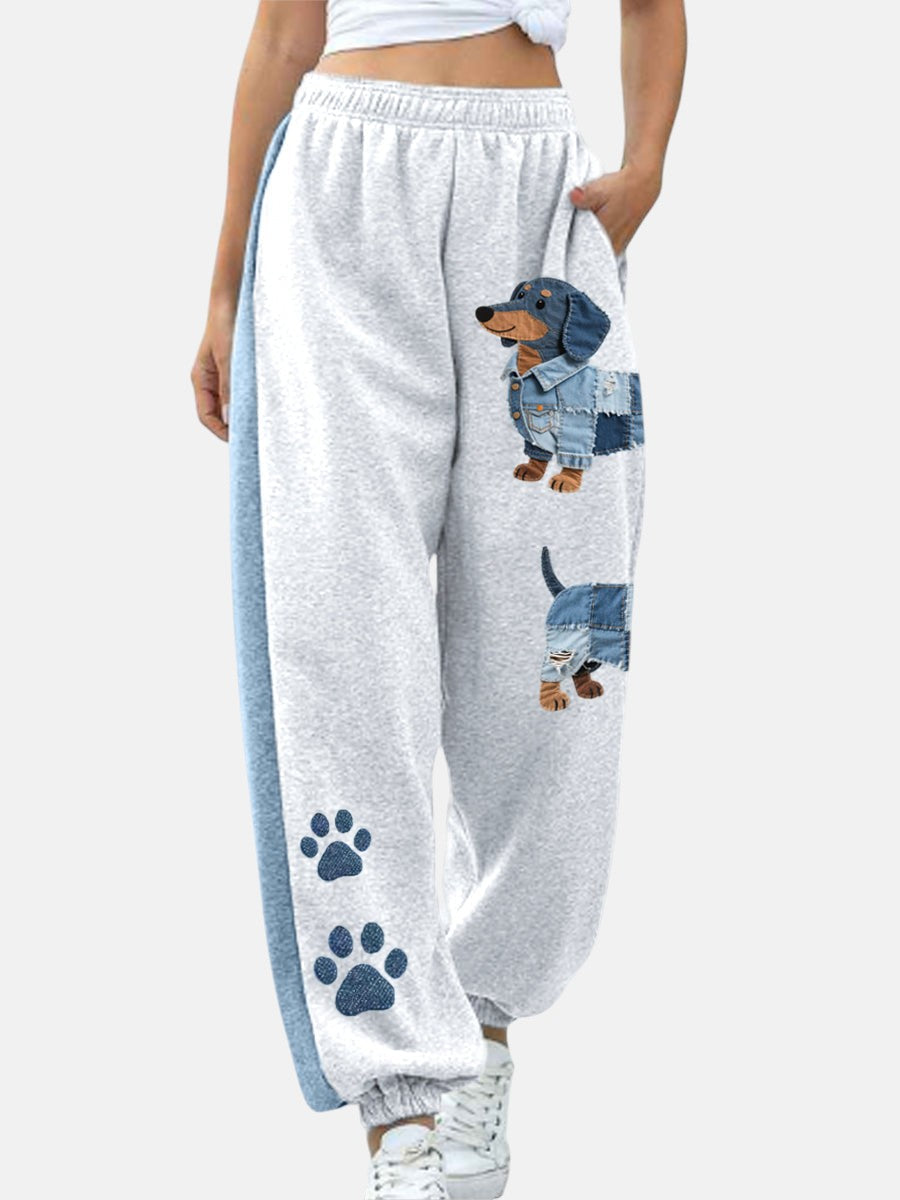 Patchwork jeans with dachshund print, front view