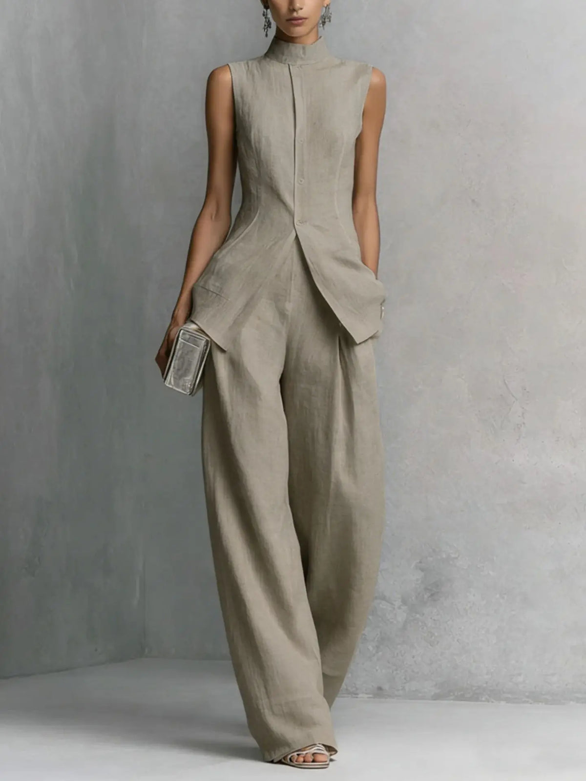 High-neck sleeveless wide-leg jumpsuit, side view