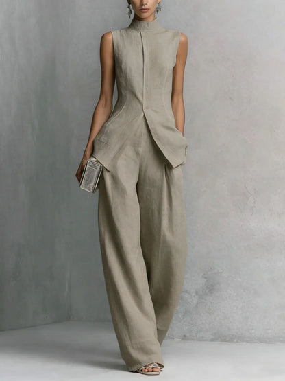 High-neck sleeveless wide-leg jumpsuit, side view
