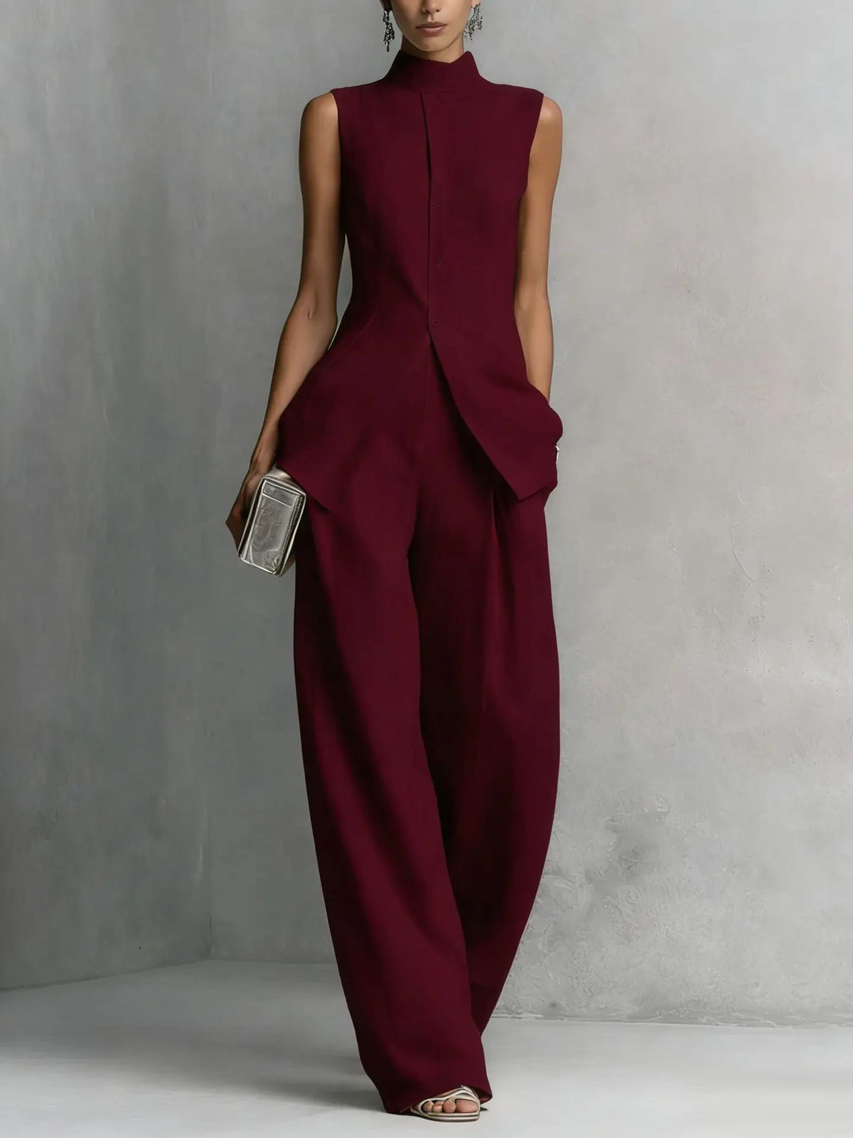 High-neck sleeveless wide-leg jumpsuit, back view