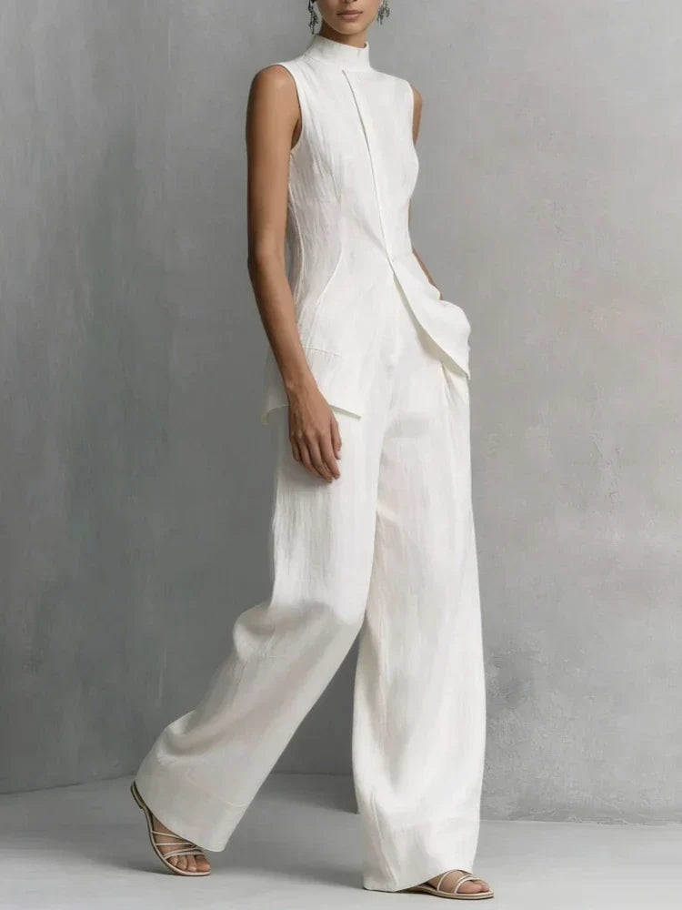 High-neck sleeveless wide-leg jumpsuit, close-up of the neckline