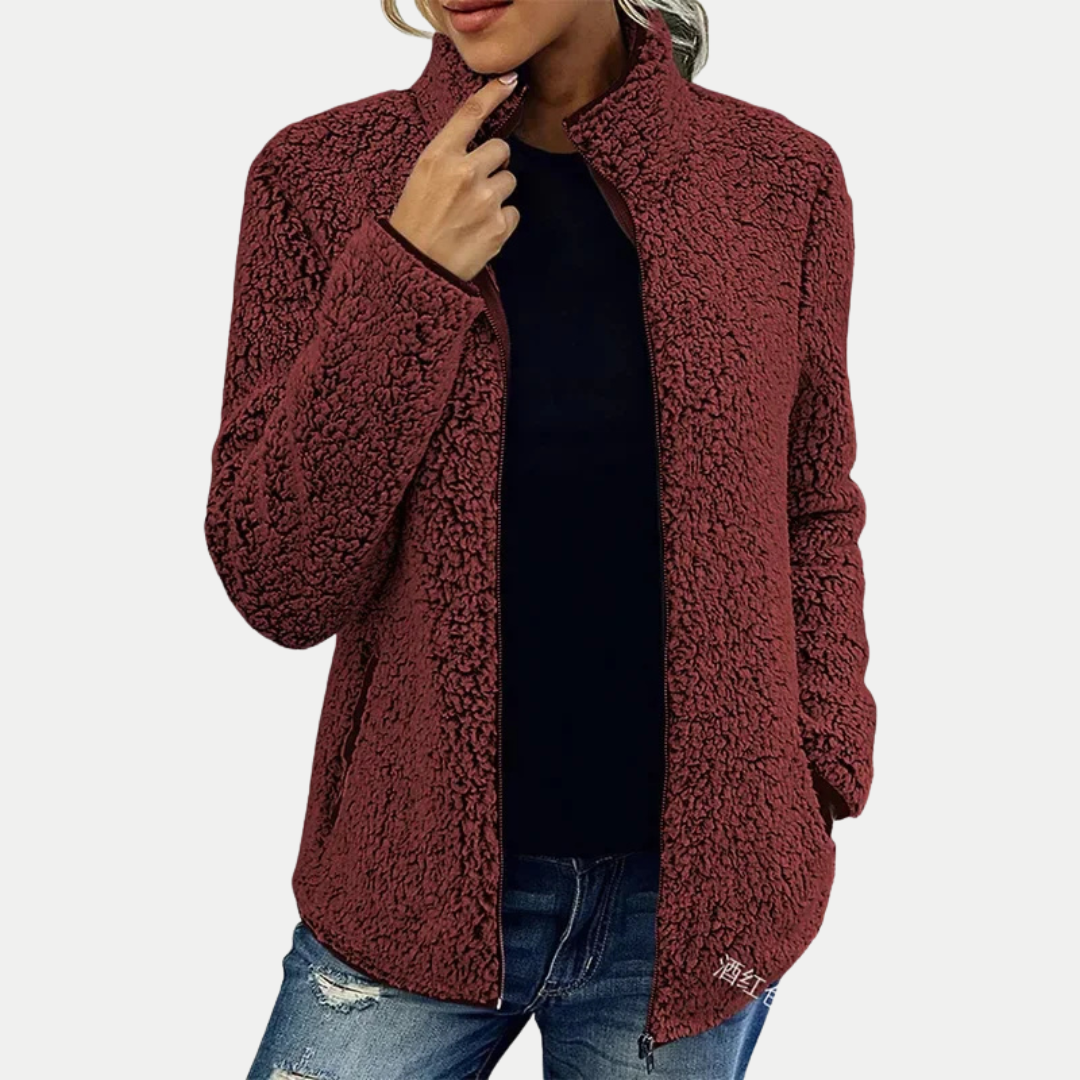 Textured fleece high-collar zip-up jacket, side view