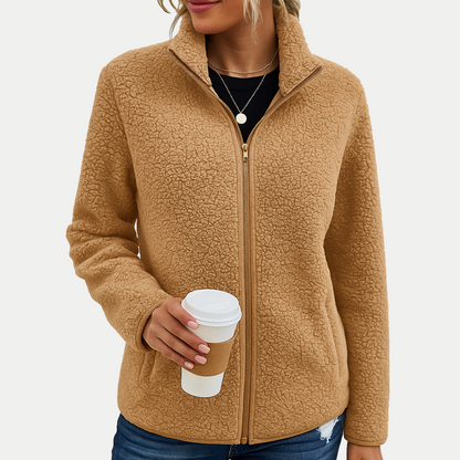 Textured fleece high-collar zip-up jacket, back view