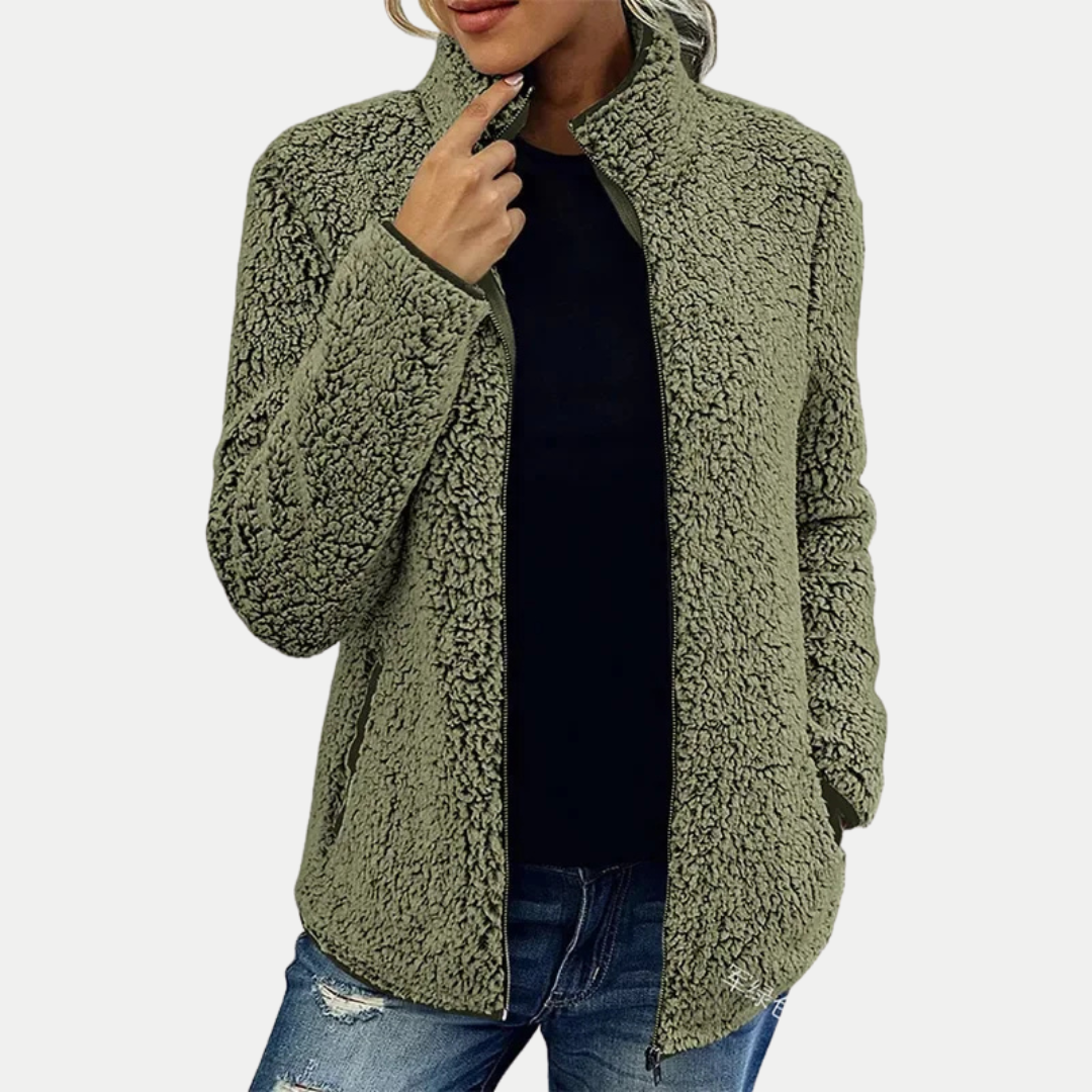 Textured fleece high-collar zip-up jacket, close-up of the collar
