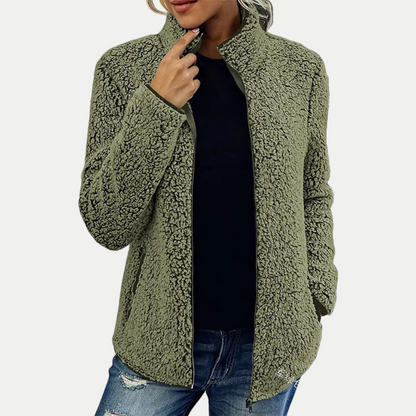 Textured fleece high-collar zip-up jacket, close-up of the collar