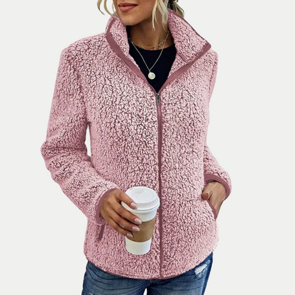 Textured fleece high-collar zip-up jacket, detail of the sleeve