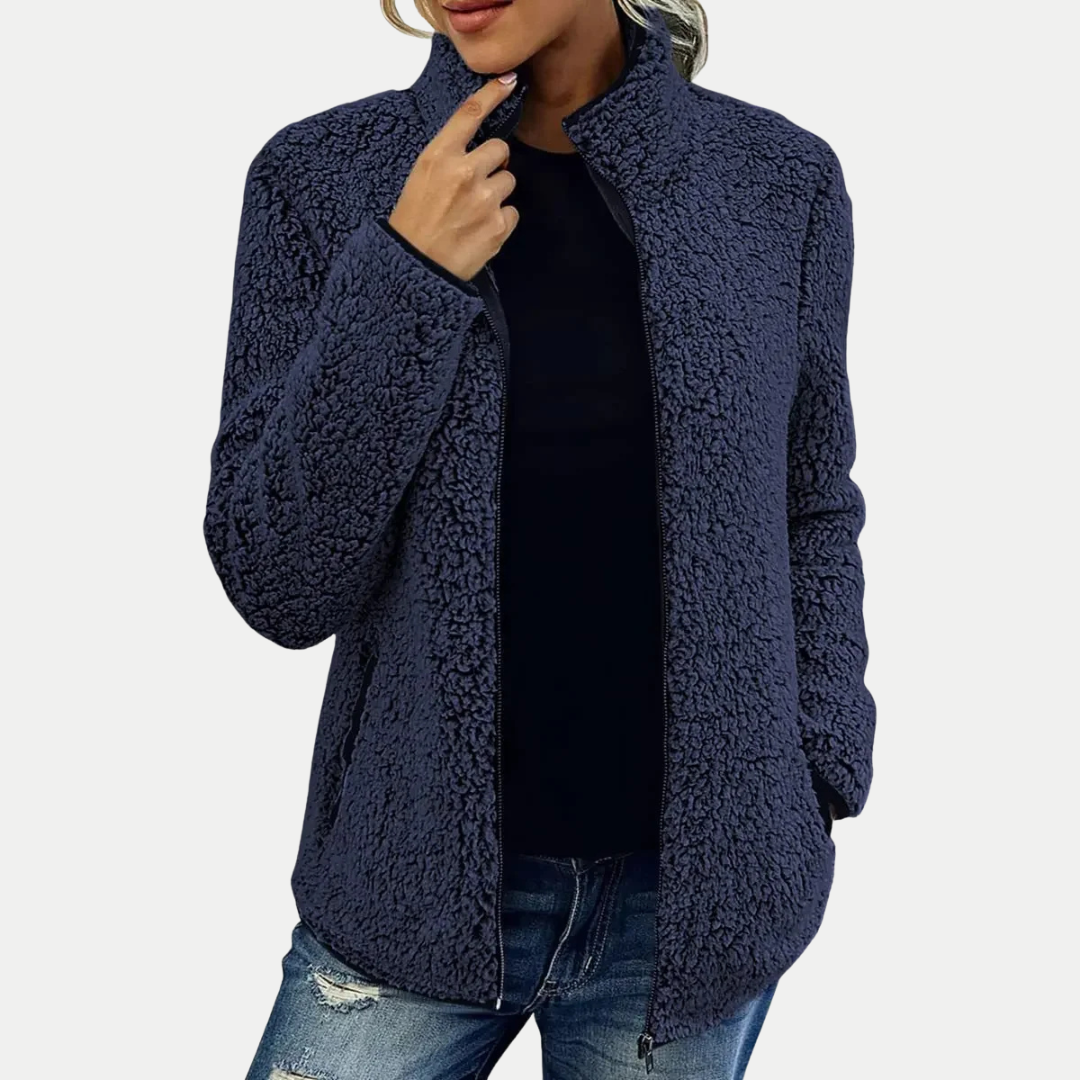 Textured fleece high-collar zip-up jacket, close-up of the fabric