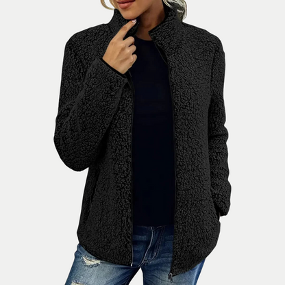 Textured fleece high-collar zip-up jacket, open front view