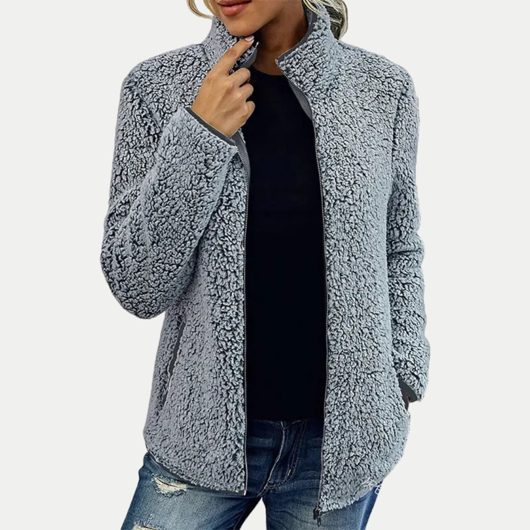 Textured fleece high-collar zip-up jacket, styled view