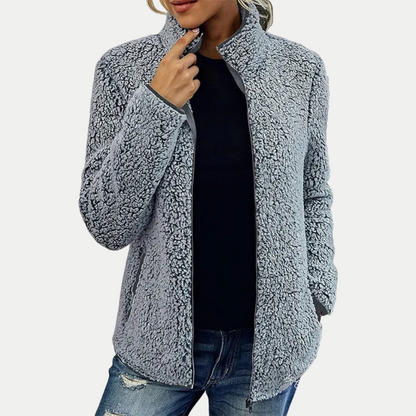 Textured fleece high-collar zip-up jacket, styled view