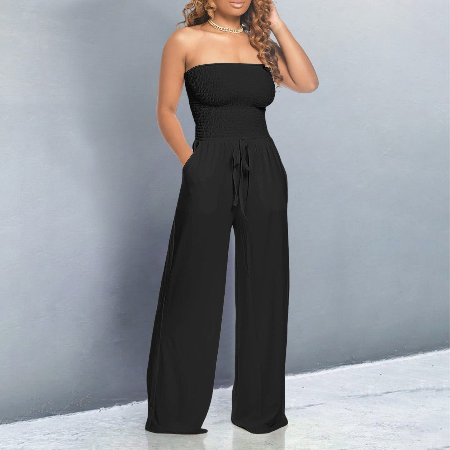 Victoire | Strapless Smocked Tie-Waist Wide Leg Jumpsuit