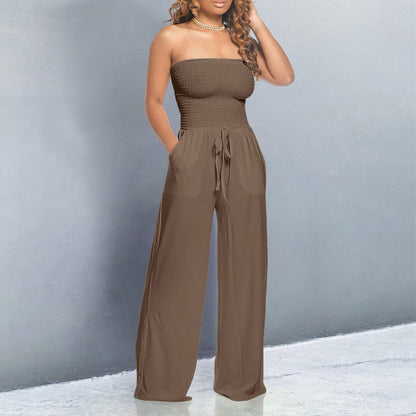 Victoire | Strapless Smocked Tie-Waist Wide Leg Jumpsuit