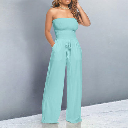 Victoire | Strapless Smocked Tie-Waist Wide Leg Jumpsuit