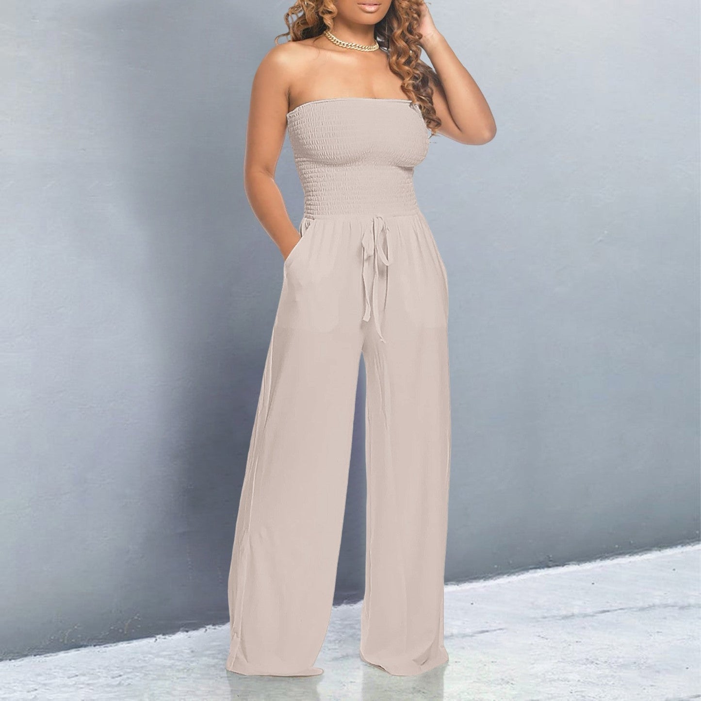 Victoire | Strapless Smocked Tie-Waist Wide Leg Jumpsuit