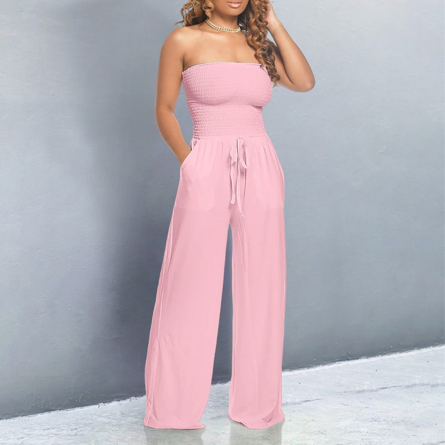 Victoire | Strapless Smocked Tie-Waist Wide Leg Jumpsuit