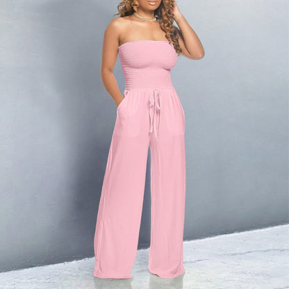 Victoire | Strapless Smocked Tie-Waist Wide Leg Jumpsuit