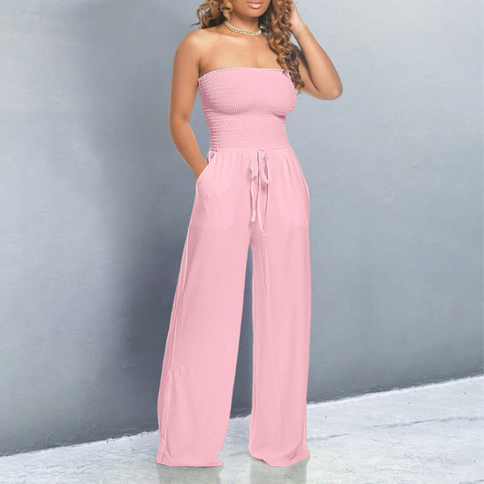 Victoire | Strapless Smocked Tie-Waist Wide Leg Jumpsuit