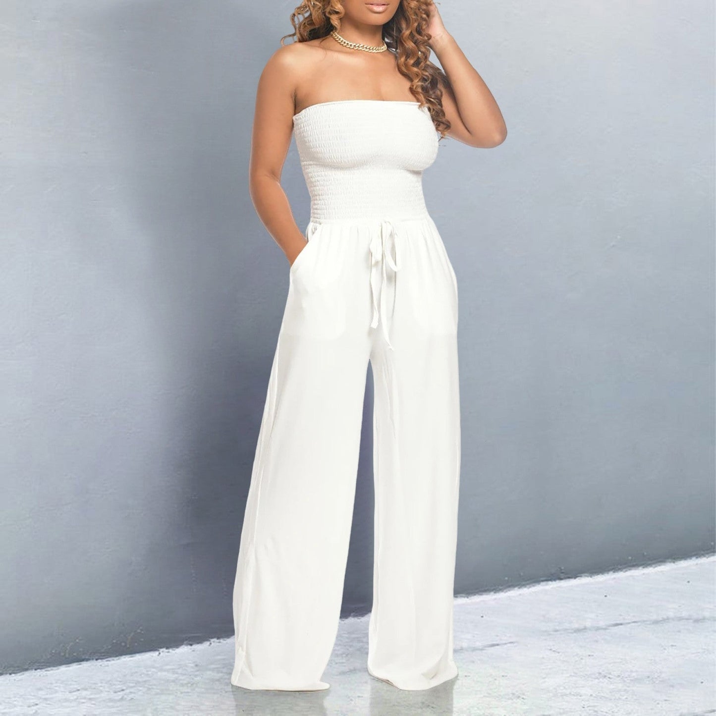 Victoire | Strapless Smocked Tie-Waist Wide Leg Jumpsuit