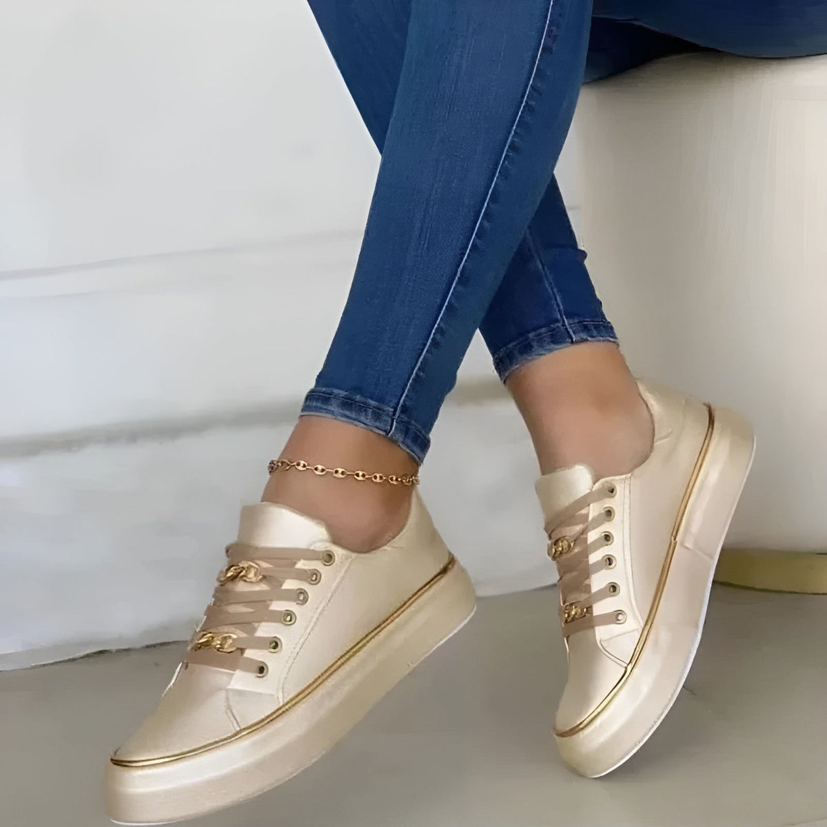 Lace-up platform sneakers with chain details, close-up of the sole