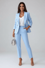 Double-breasted blazer and trouser suit, front view