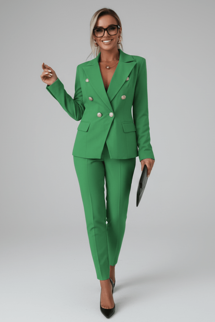Blazer suit showing button and pocket detail