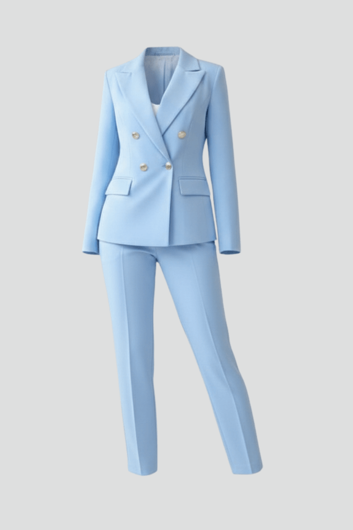 Suit showing double-breasted metallic button front