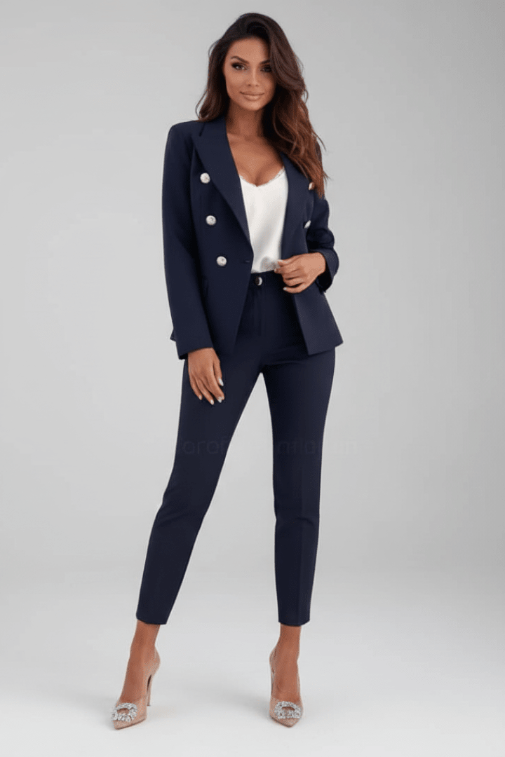 Double-breasted blazer suit, full-length view