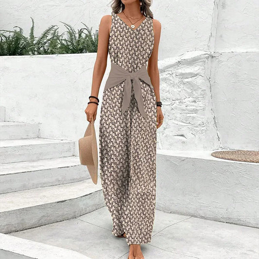 Sleeveless V-neck jumpsuit with tie waist, front view
