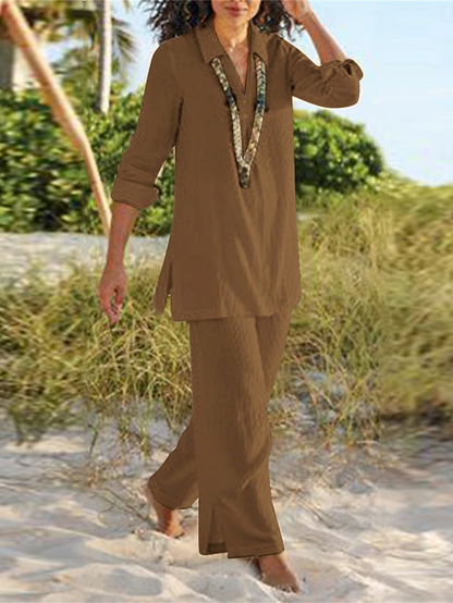 Relaxed V-neck top and wide-leg lounge set, front view