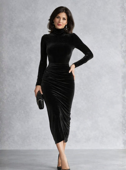 Valborg black turtleneck cocktail dress, front view