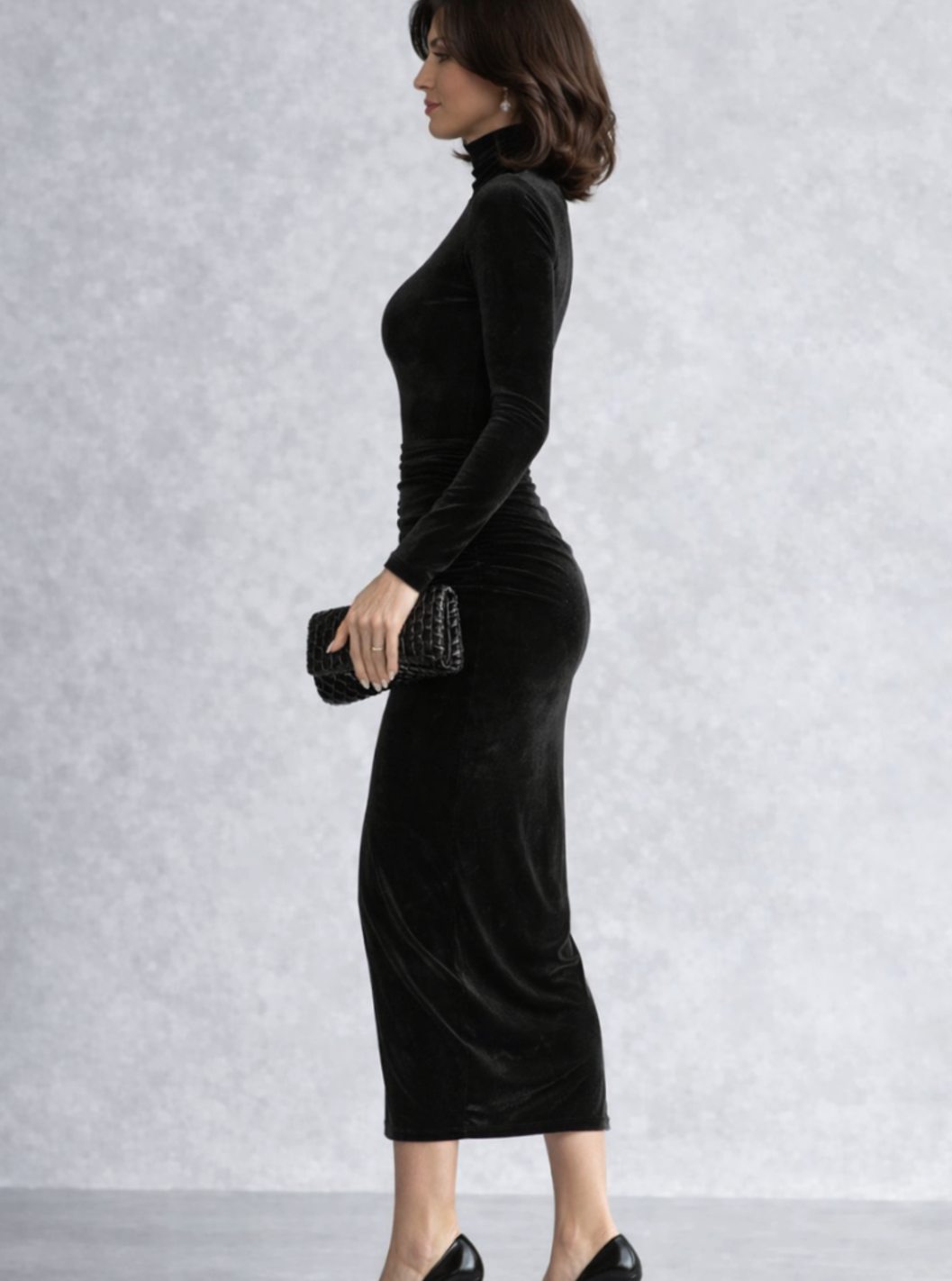 Black turtleneck cocktail dress, view 2