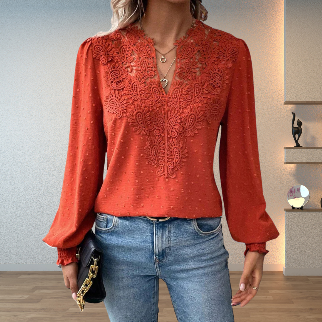 Lace V-neck long-sleeve blouse for women