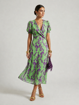 Relaxed floral midi dress with short sleeves, front view